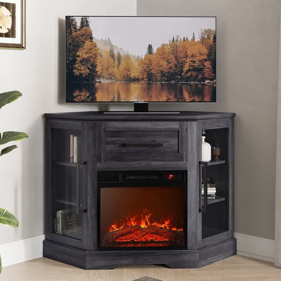 Rustic Grey Corner Entertainment Center With Electric Fireplace And Glass