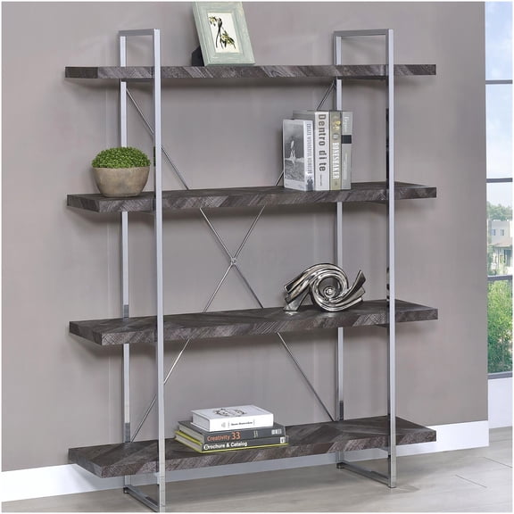 Rustic Grey Herringbone Bookcase with 4 Shelves, Industrial Wood & Metal Storage Unit for Living Room, Study