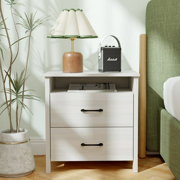 Rustic Grey Nightstand with 2 Drawers, Farmhouse Bedside Table with Open Shelf, Wooden Side End Table for Bedroom
