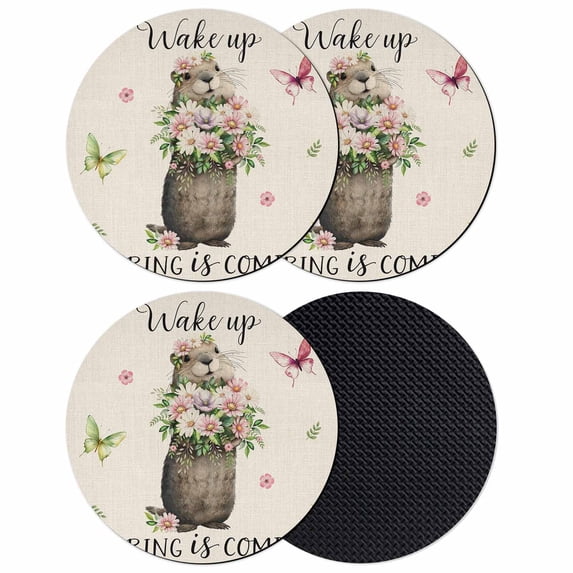 Rustic Groundhog Coasters Set of 4, Absorbent Coasters for Drinks, Spring Floral Butterfly Botanical Coaster for Desk Coffee Table Protection, Home Decor House Warming Gifts 4"
