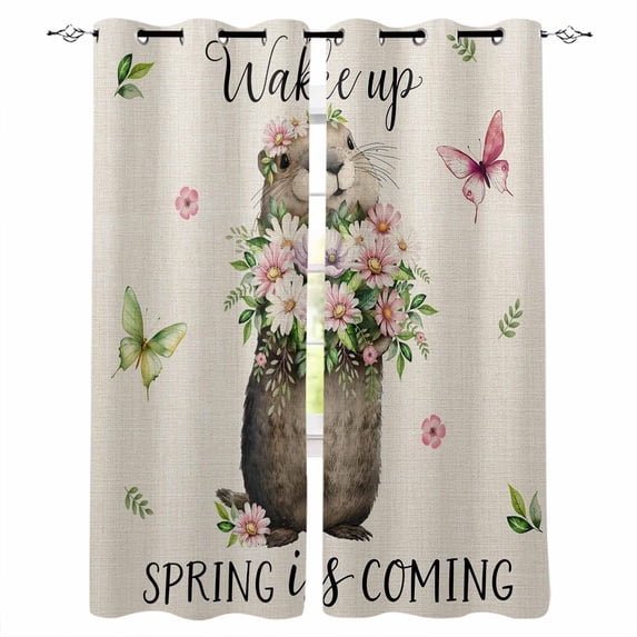 Rustic Groundhog Kitchen Curtains Spring Floral Butterfly Botanical Cafe Short Curtains for Bathroom Blackout Window Curtain Grommet Small Window Treatment Drapes for Bedroom Living Room 42"x45"x2