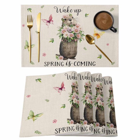 Rustic Groundhog Placemats Set of 4, Spring Floral Butterfly Botanical Placemats for Dining Table, Place Mats for Kitchen Tabletop, Waterproof Wipeable Dining Table Mats Set