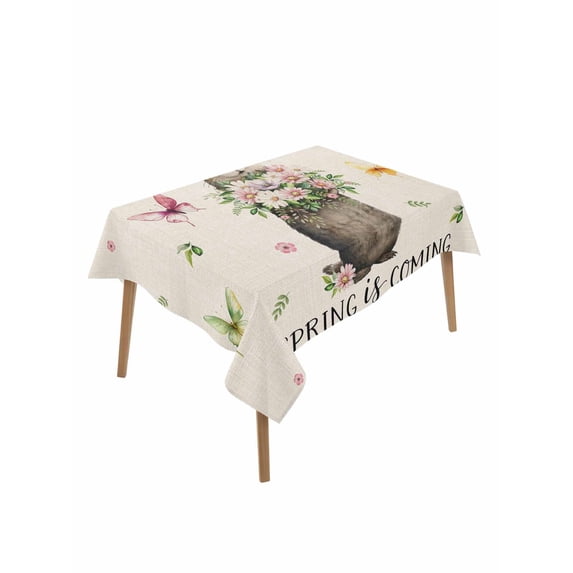 Rustic Groundhog Table Cloth, Waterproof Tablecloth for Rectangle Tables, Spring Floral Butterfly Botanical Reusable Washable Fabric Table Cover for Restaurant Kitchen Dining Tables 52"x70"