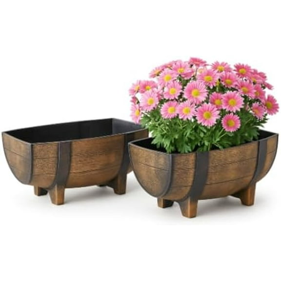 Rustic Half Barrel Planters  Set of 2, Faux Wood Outdoor Flower Pots with Drainage Hole & Feet, Weather-Resistant Polypropylene Garden Containers, 16.25" x 7.5" x 11.75"$$Garden &