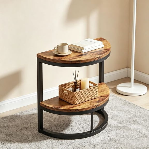 Rustic Half Moon End Table with Adjustable Feet, Small Side Table for Living Room, Bedroom & Sofa, Wood Accent Nightstand, Space Saving Corner Table, Easy Assembly, Brown Finish