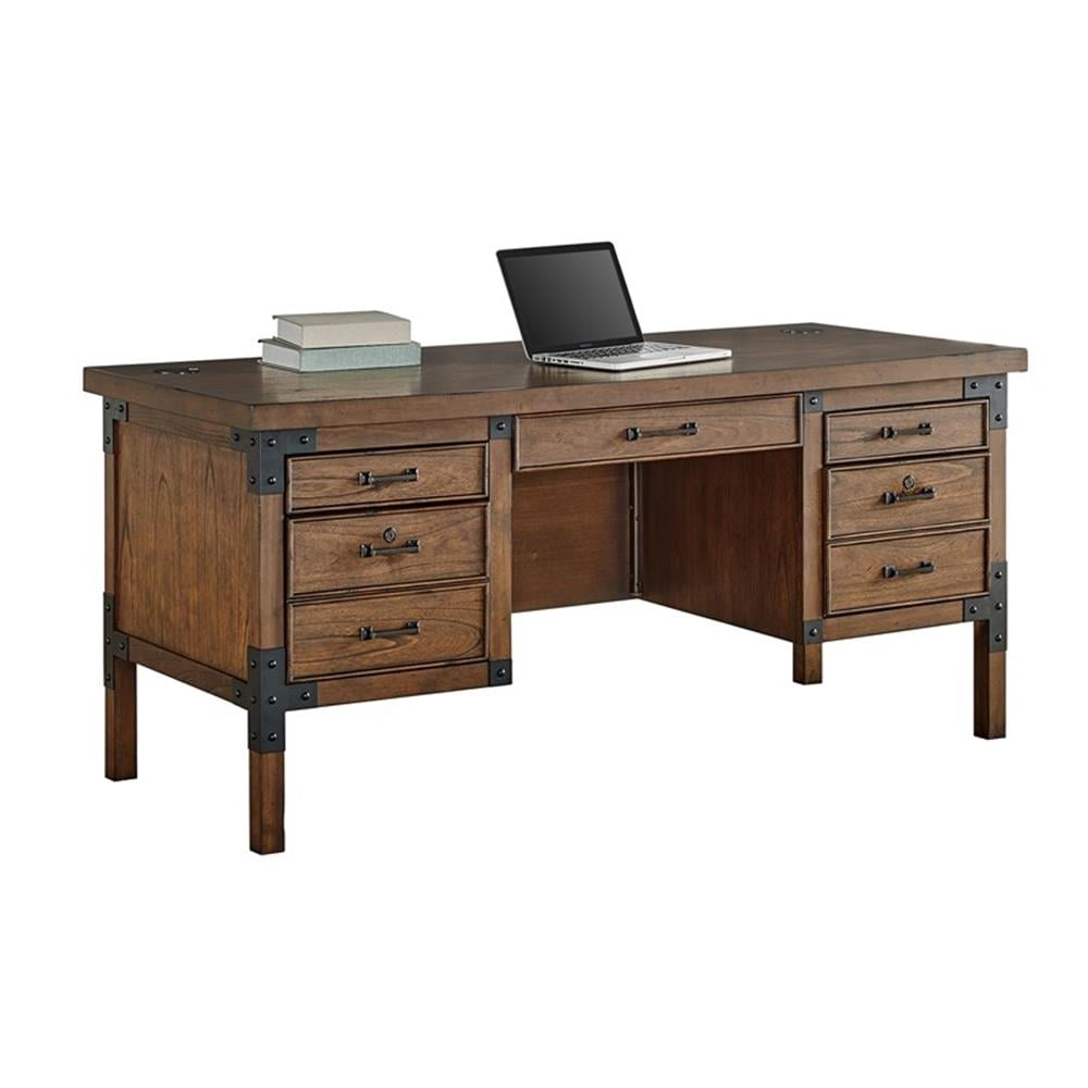 Auburn Brown Wood Executive Desk with Black Iron Accents