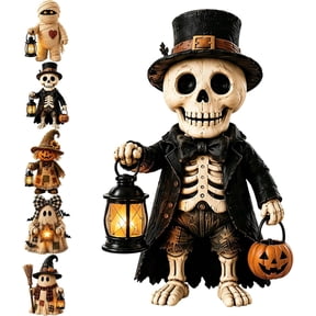 Rustic Halloween Monster Decor, Handcrafted Figurines with Glowing Lanterns, Skeleton Pumpkin Ghost Scarecrow Mummy Mantel Shelf Farmhouse Gift