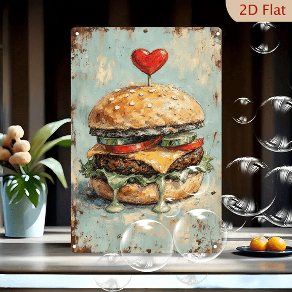 Rustic Hamburger Art on Metal, 8x12 Inches Wall Decor, Impressionist Burger Painting with Heart Pick, Rusty Background, Modern Kitchen or Dining Room Picture Frame Ready