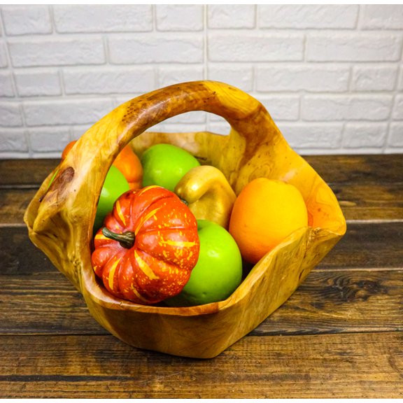 Rustic Hand Carved Crafted Burl Wood Tree Root Bowl Basket With Handle 12" Wide