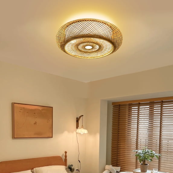 Rustic Hand-Woven Bamboo Ceiling Light Fixture, 3-Light Drum Pendant, E26 Base, 50cm, Natural Yellow – No Bulbs Included