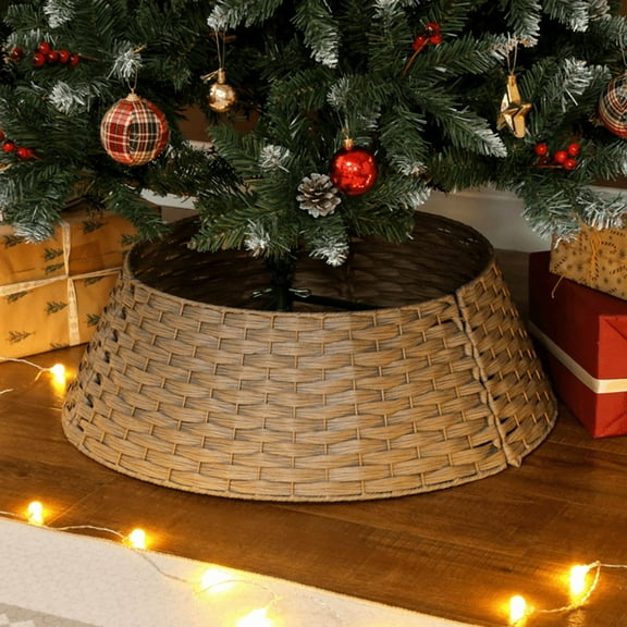 Rustic Hand-Woven Christmas Tree Collar - Coffee PE & Metal, Fits 82.7"-106.3" Trees, 3-Panel Assembly, Hides Stand & Pet-Protective