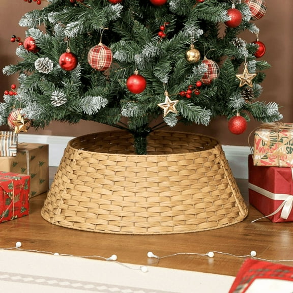 Rustic Hand-Woven Christmas Tree Collar - Natural PE & Metal, Fits 82.7"-106.3" Trees, 3-Panel Assembly, Hides Stand & Pet-Protective