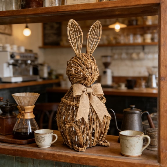 Rustic Hand-Woven Rattan Bunny Ornament - Adorable Natural Woven Rabbit Figurine with Burlap Bow, Cute Sitting Bunny Sculpture in Textured Rope Design, Farmhouse Spring Easter Home Mantel Decoration