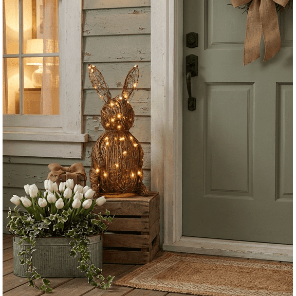 Rustic Hand-Woven Rattan Rabbit Statue with Internal LED Lighting - 17.7" Large Wicker Bunny for Entryway, Mantel, and Spring Home Decoration