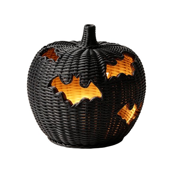 Rustic Handwoven Wicker Hollow Pumpkin with LED Light, Large Rattan Bat Cutout Halloween Centerpiece, Vintage Light-Up Farmhouse Tabletop & Mantel Fall Halloween Decor, Dark, 7.09"×7.09"