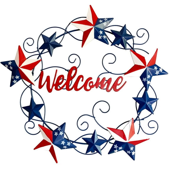 Rustic Hanging Metal Americana Star Welcome Door Wreath Patriotic Wall Decoration -July 4th Vintage Americana Patriotic Wall Ornament