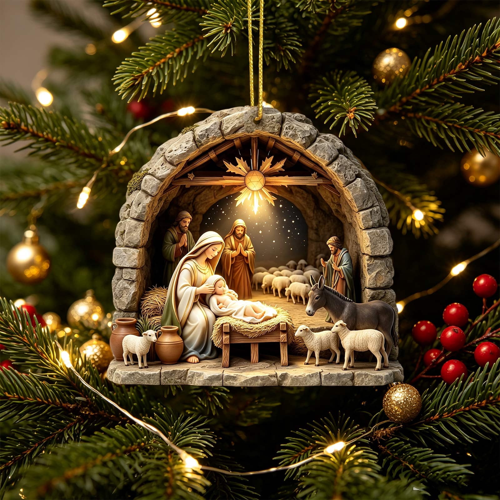 Rustic Simple Headstone Rustic Hanging Nativity Ornament, 3.15 in Stone Arch Keepsake with ...