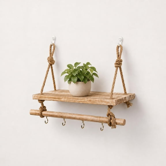 Rustic Hanging Rope Shelf with 4 Key Hooks - Boho Farmhouse Floating Wood Shelves for Entryway Wall Decor, Small Hanging Plant Stand & Mail Organizer - Aesthetic Home Gift for Housewarming