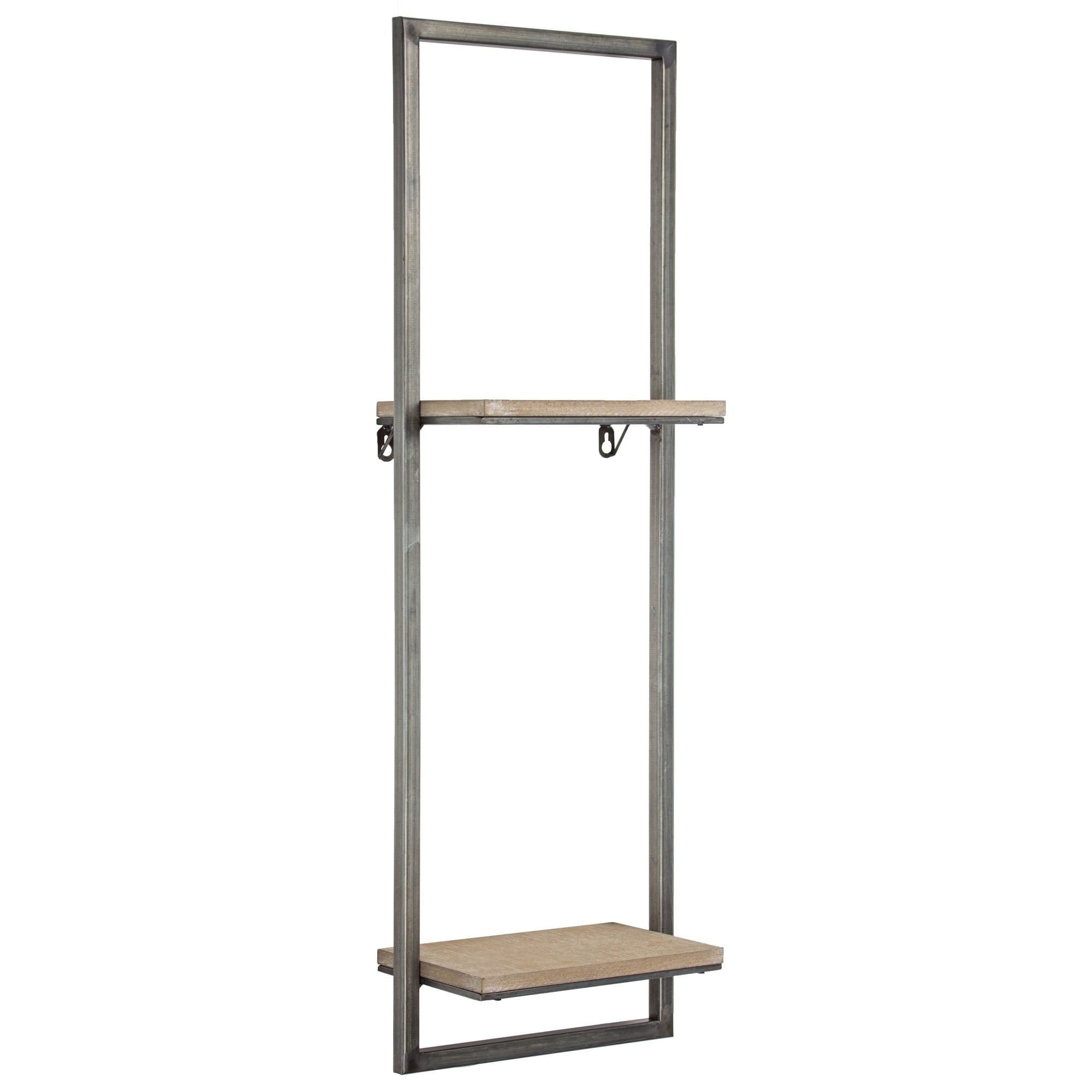 Rustic Silver Metal and Wood Hanging Shelf Rack