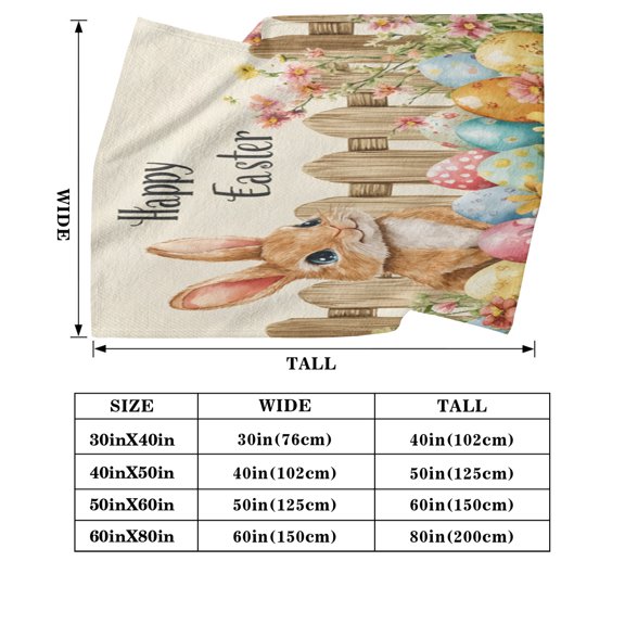 Rustic Happy Easter Bunny Fence Flannel Throw Blanket - Soft Cozy Watercolor Eggs Rabbit Blanket for Farmhouse Decor