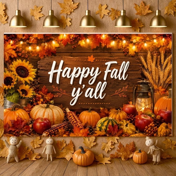 Rustic Happy Fall Banner Autumn Color Scheme Fall Party Backdrop Pumpkin Decor Sunflower Design Autumn Event Background for Thanksgiving Gathering Fall Photo Shoot Family Reunion