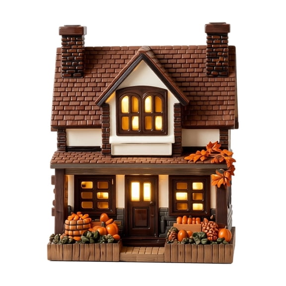 Rustic Harvest House Tabletop Decor, Warm LED Light-Up Cottage with Pumpkins for Fall, Thanksgiving, Halloween