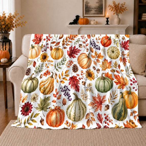 Rustic Harvest Pumpkin Autumn Foliage Pattern Watercolor Style, Cozy Festive Scene, Warm Flannel Blanket for Living Room and Family Room, Garden Lovers Thanksgiving Gift, Festive Home Decor