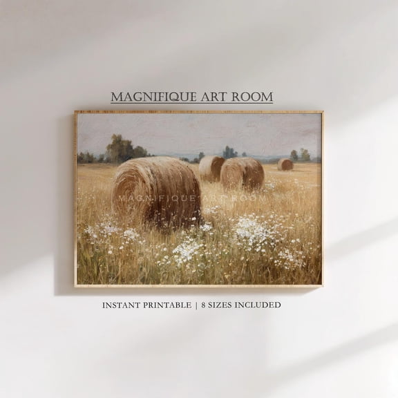 Rustic Hay Bales Poster Wall Art , Summer Wildflower Meadow Landscape Poster, Country Farmhouse Cottagecore Decor F57, Size 8x12 UNFFRAMED F03.1.7l2306
