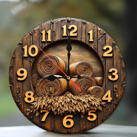 Rustic Haystack Wall Clock Farmhouse Decor 10-Inch Silent Wooden Wall Clock, Battery Operated (AA Batteries Not Included), Artistic Home Decor