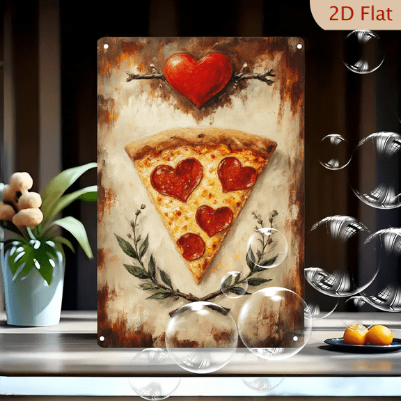 Rustic Heart Pizza Art on Metal, 8x12 Inch Vertical Wall Decor, Romantic Pepperoni Slice with Cupid Arrow & Laurel Wreath, Vintage Distressed Parchment Background for Kitchen or Dining Room