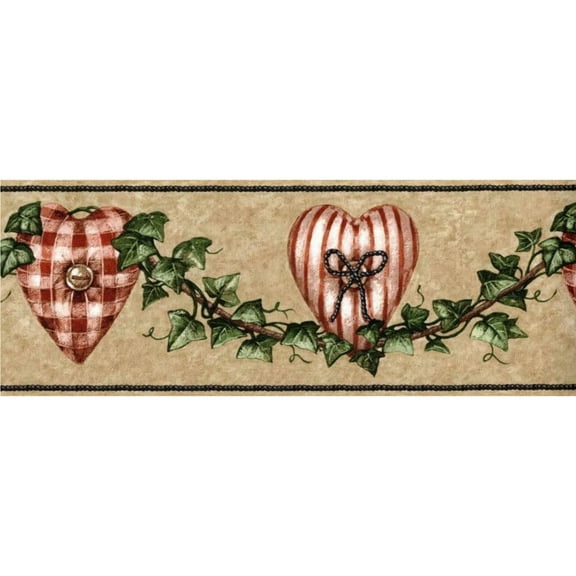 Rustic Hearts and Ivy Wallpaper Border Wall Decor - Green, Tan, Red, White 15' L x 4.25" W