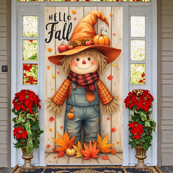 Rustic Hello Fall Banner Warm Tone Scarecrow Backdrop Pumpkin Decor Maple Leaf Pattern Autumn Display for Fall Festival Thanksgiving Party Farmhouse Decoration