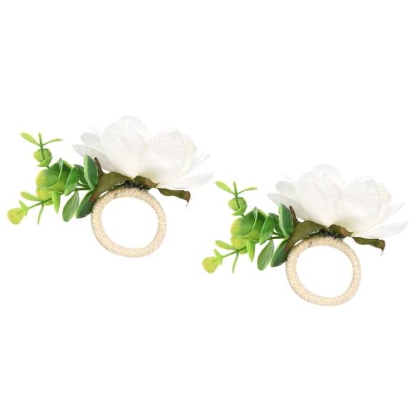 Rustic Hemp Rope Artificial Flower Napkin Rings Set of 2 (1.6 inches / 4 cm) - White Floral Napkin Buckle Holder for Wedding, Christmas, Party and Everyday Dining Table Decoration