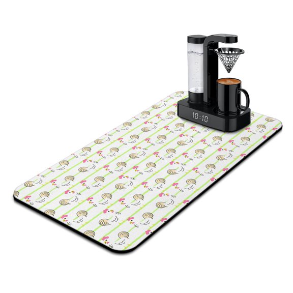 Rustic Hen Coffee Bar Mat - Absorbent Counter Mat with Wildflowers and Barn Print