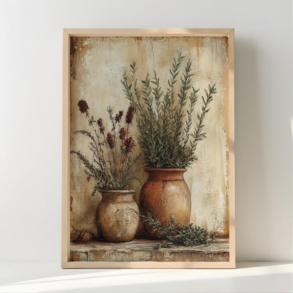 Rustic Herb Still Life Wall Print, Farmhouse Botanical Decor, Unframed Paper Poster 8x10in