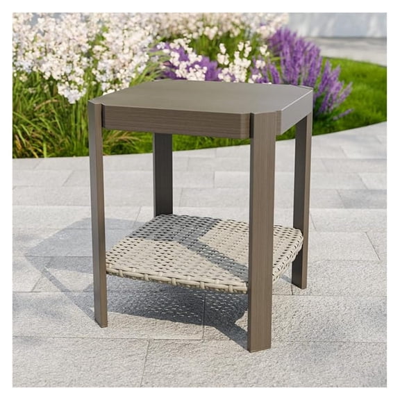Rustic Hideaway Outdoor Patio Side Table, Wicker Patio Coffee Table with 2-Tier Storage, Wood Grain Top, Beige/Brown