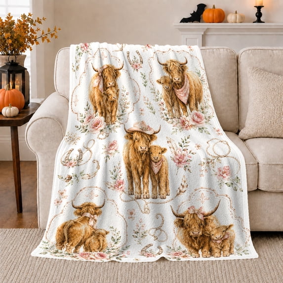 Rustic Highland Cattle Mothers Calves, Cozy Friendship Quote Scene, Warm Flannel Blanket for Ranch House and Living Room, Art Lovers Friendship Gift, Artistic Home Decor
