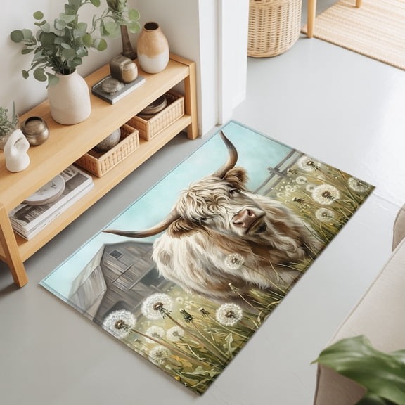 Rustic Highland Cow Dandelion Rectangle Area Rug 2x3ft,Living Room Rug Non-Slip Washable Circle Rugs Pad,Farm Wood Barn Glassland Soft Floor Carpet for Bedroom Dining Room