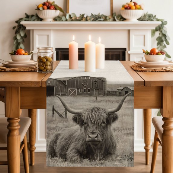 Rustic Highland Cow Dining Table Runner, Vintage Windmill Barn Industrial Farmhouse Washable Table Runners Kitchen Coffee Table Center Decor for Home Party Holiday Wedding 13 x 108 Inches