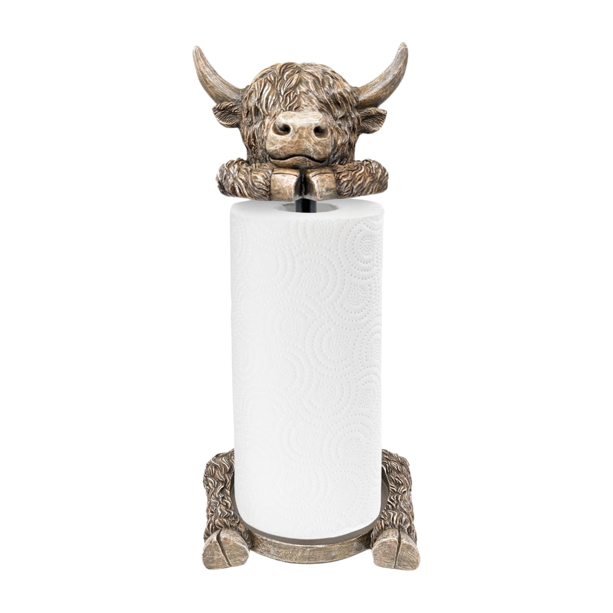 Rustic Highland Cow Paper Towel Holder - Unique Resin & Metal Farmhouse | Country Style Decor for Kitchen & Dining, Adorable Highland Cow Design, Ideal Gift Idea, Fits Standard Rolls