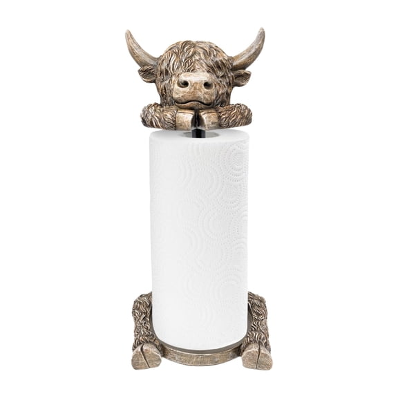 Rustic Highland Cow Paper Towel Holder - Unique Resin & Metal Farmhouse | Country Style Decor for Kitchen & Dining, Adorable Highland Cow Design, Ideal Gift Idea, Fits Standard Rolls