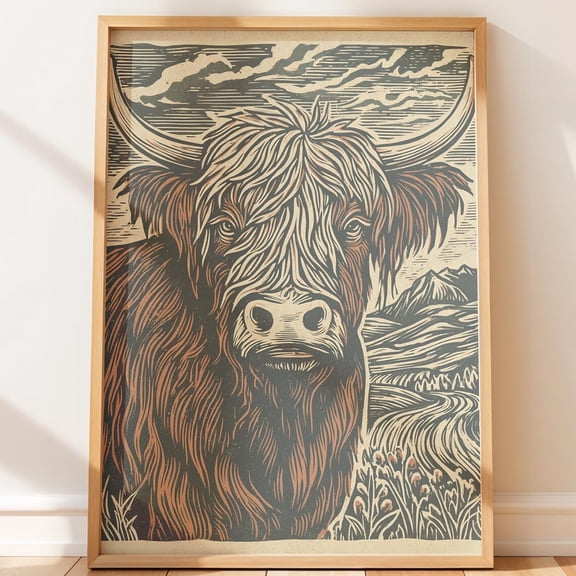 Rustic Highland Cow Portrait Retro Wall Art Folk Animal Illustration Native Style Vintage Retro Lino Decor, Unframed Canvas