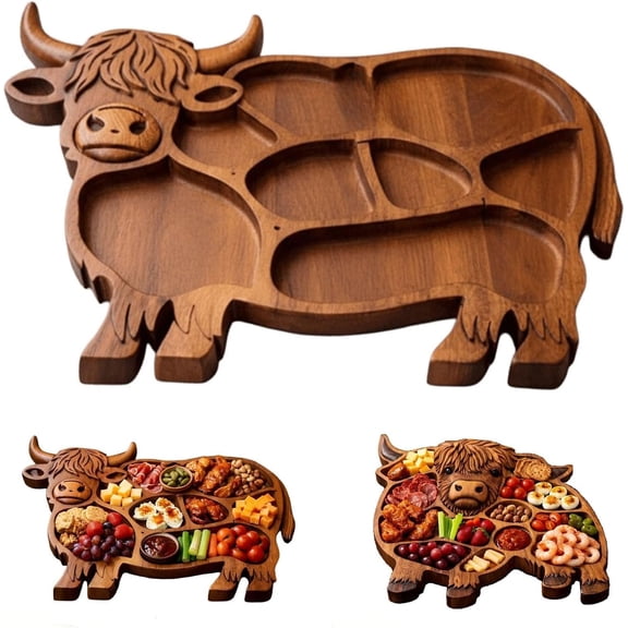 Rustic Highland Cow Serving Board — Natural Solid Wood Charcuterie Platter with Compartments, Farmhouse Cheese & Meat Board for Charcuterie Displays and Gifts