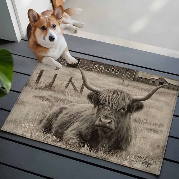 Rustic Highland Cow Small Area Rugs 2x3 Vintage Windmill Barn Industrial Farmhouse Entryway Rugs Washable Door Mat, Low-Profile Area Rugs Non Slip Floor Carpet for Living Room Bedroom Home Office