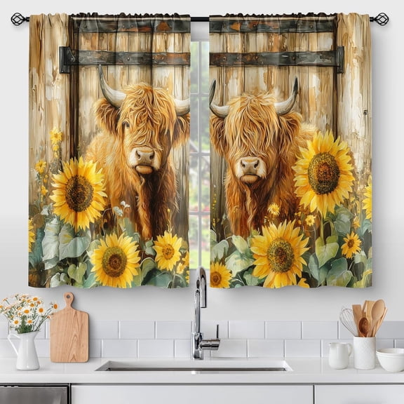 Rustic Highland Cow Sunflower Kitchen Curtains Vintage Wooden Barn Window Drapes for Farmhouse Country Home Decoration