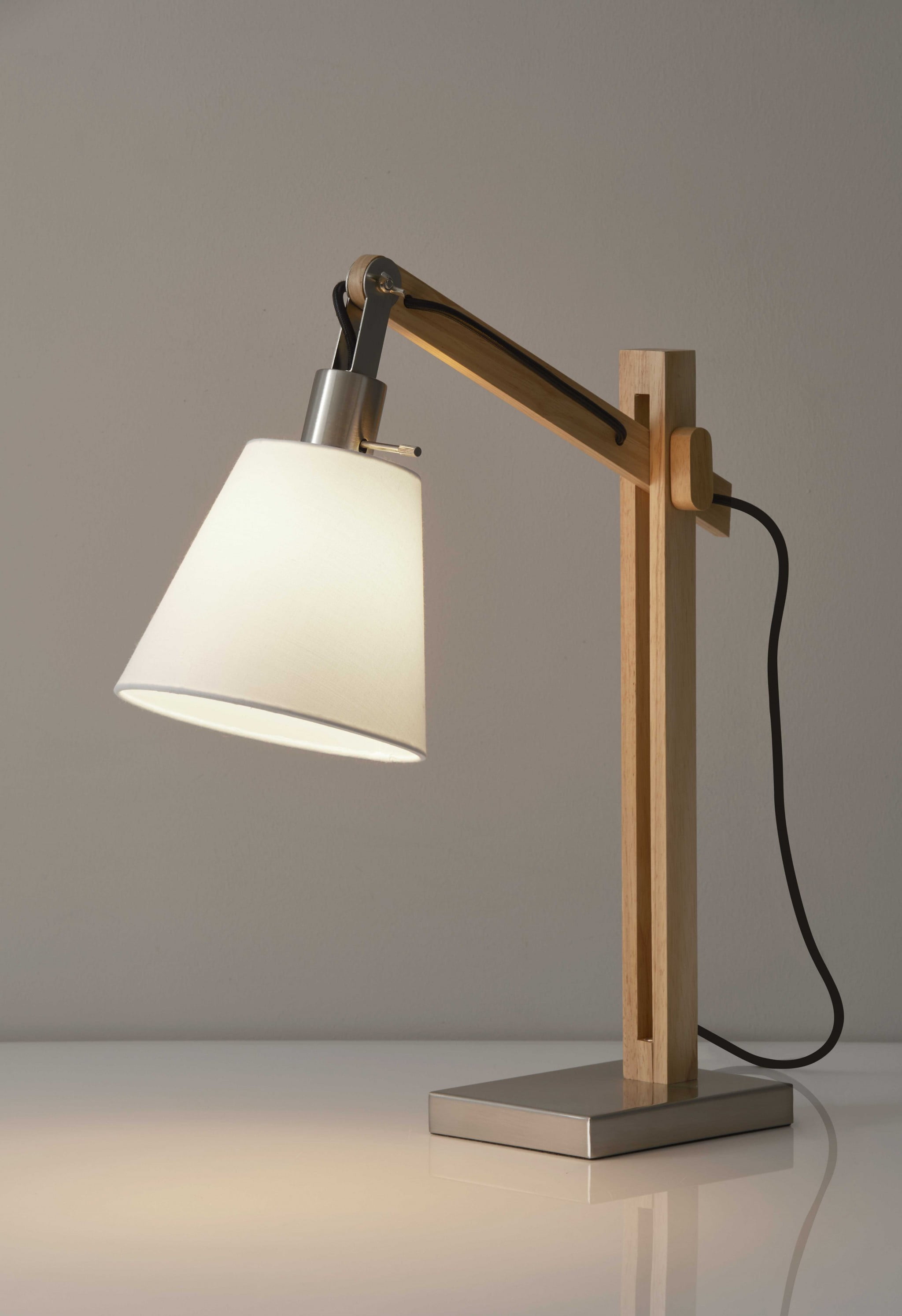 Adjustable Natural Wood and Metal Table Lamp with White Shade