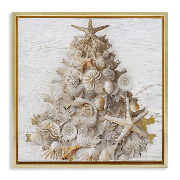 Stupell Industries Rustic Holiday Seashell Tree Gold Framed Floater Canvas Wall Art, design by Sasha, 18 x 18