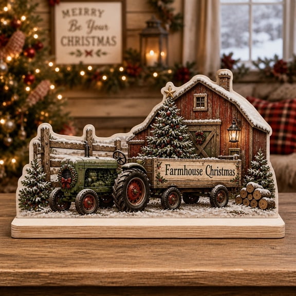 Rustic Holiday Tractor Wooden Block for Farmhouse Christmas Shelf Decor
