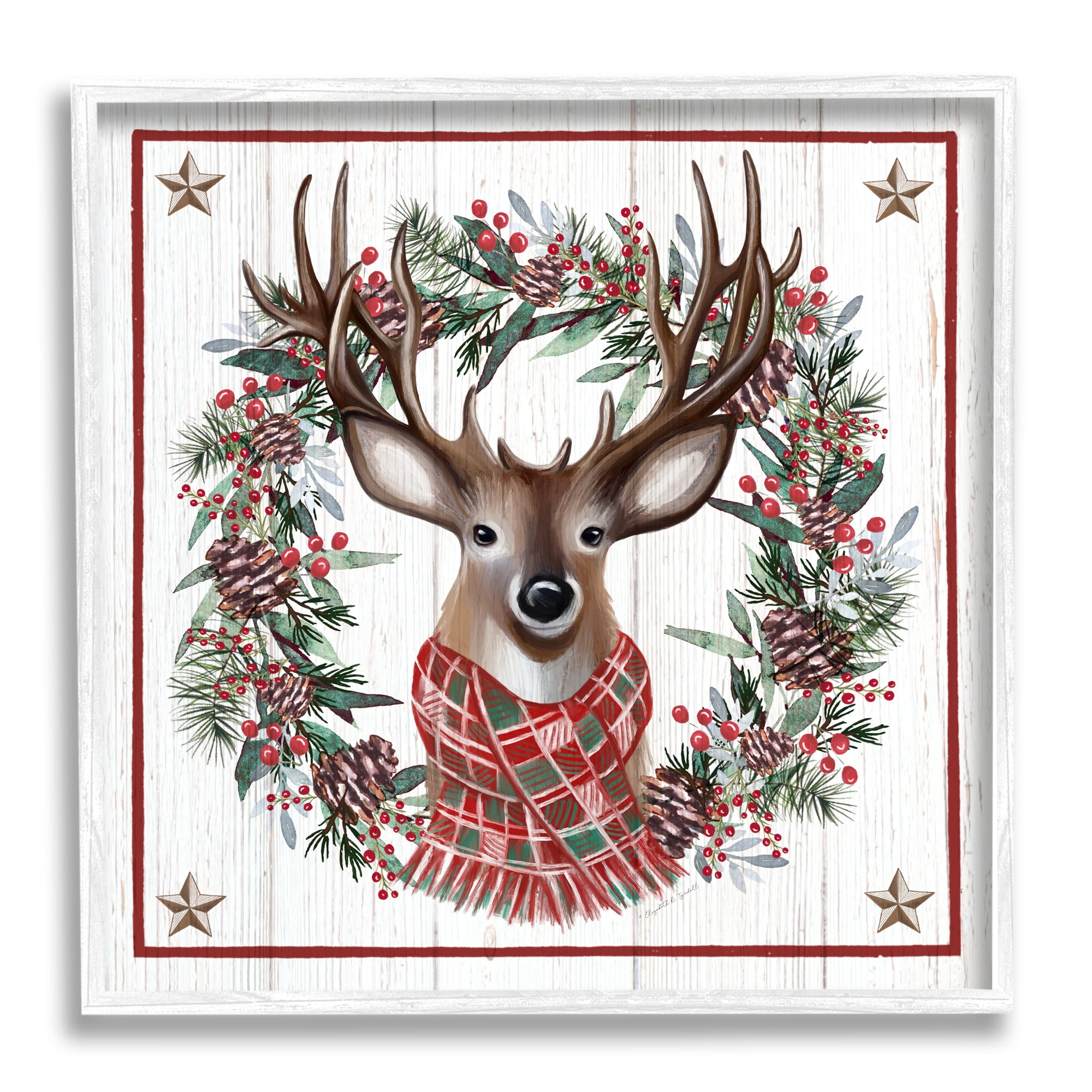 Rustic Holly Pinecone Wreath Bordered Reindeer Scarf Animals & Insects Graphic Art Framed Art Print Wall Art
