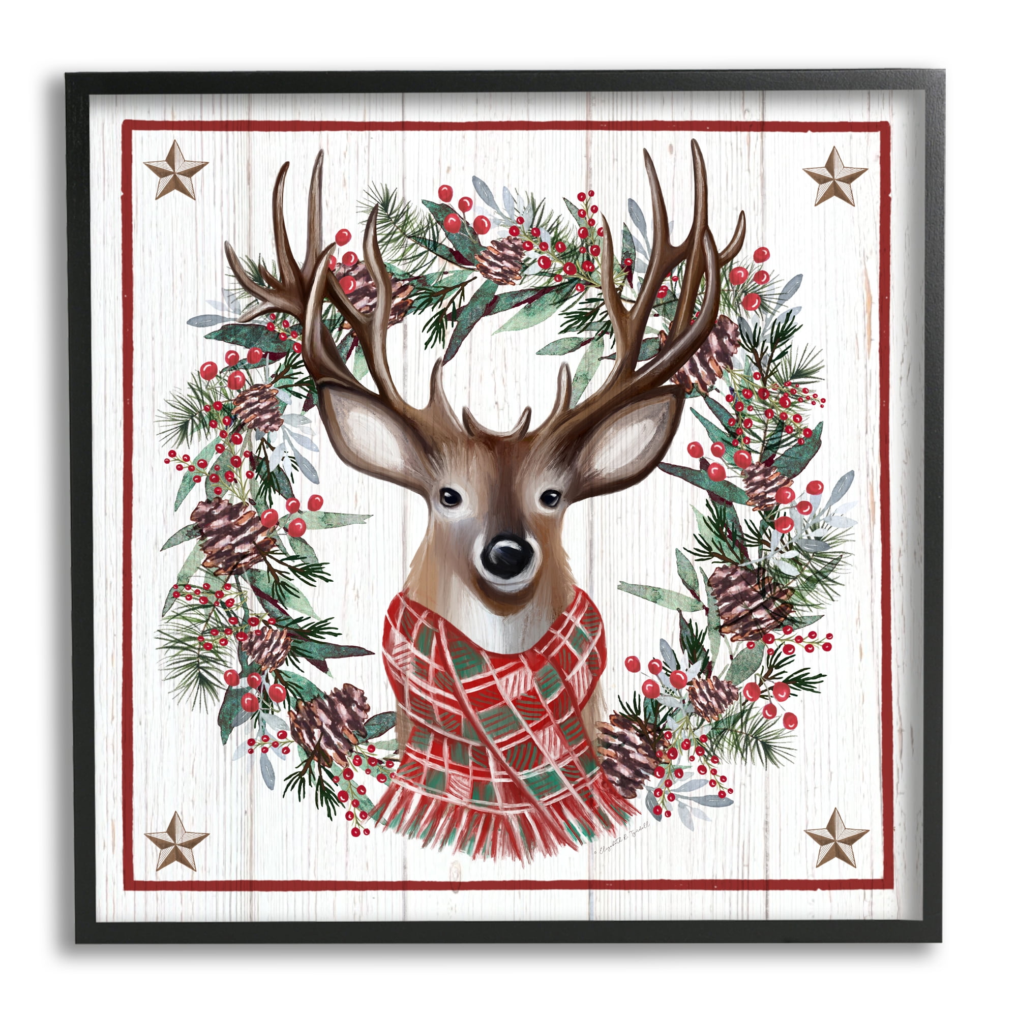 Rustic Holly Pinecone Wreath Bordered Reindeer Scarf Animals & Insects Graphic Art Framed Art Print Wall Art